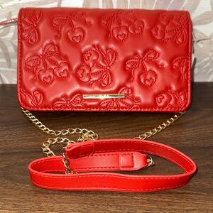 Aldo Red Embroidered Clutch style shoulder bag with Gold Chain